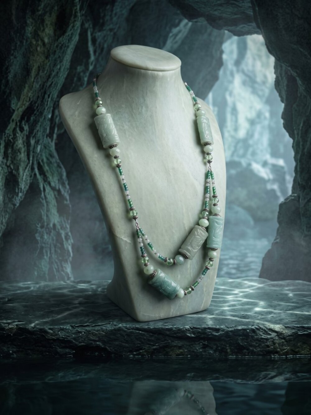 JB Originals - "Tideborn" - Vintage Green Jade & Glass Necklace Earrings Set - Picture 11 of 15